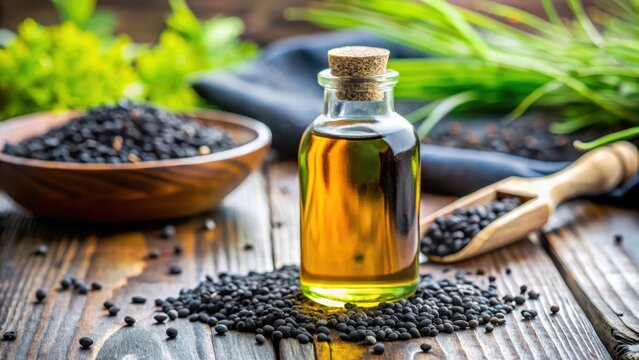 Close-up of black cumin oil bottle on table with selective focus, oil bottle