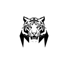 Aggressive Black and White Stylized Tiger Portrait on White Background