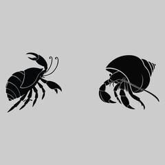a hermit crab walking on the sand. silhouette vector design art and illustration