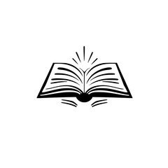Black and White Open Book Illustration: A Simple, Minimalist Reading Emblem with Radiating Light.