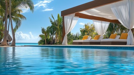 Fototapeta premium Pool with a canopy and white curtains over it. The pool is surrounded by trees and a beach