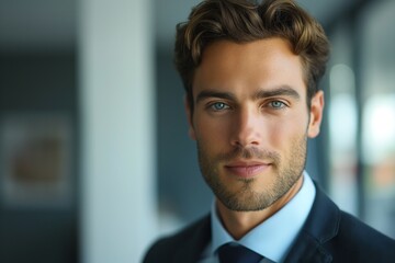 Confident Caucasian man in a suit with wavy hair and striking blue eyes, exuding professionalism in a modern office setting.