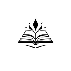 Open book with abstract flower illustration, black and white, minimalist design.