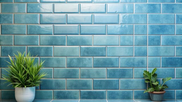 Minimalist blue tile wall with subtle grout lines and a hint of greenery, modern style, soothing ambiance