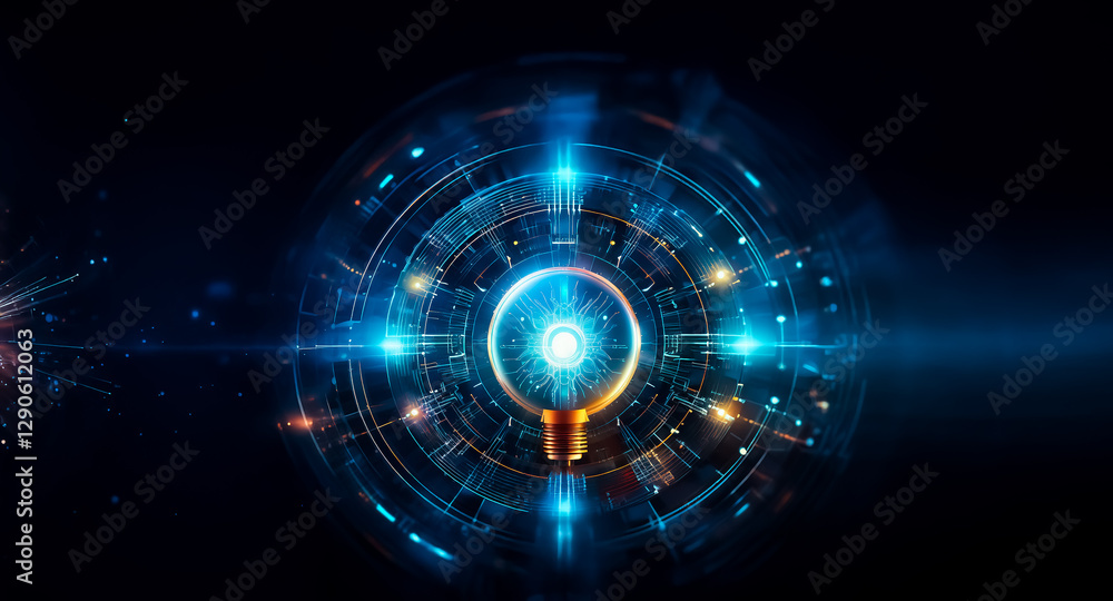 Leinwandbilder a bright light bulb glows within concentric blue circles and lines, creating a futuristic and abstra