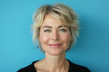 Fototapeta premium Smiling Caucasian woman with short blonde hair against a bright blue background.