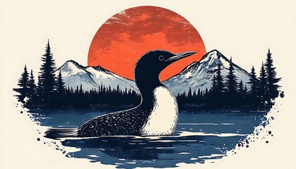Loon on lake, sunrise, mountains