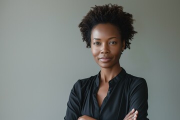 Obraz premium Confident African American woman with short curly hair, wearing a black shirt, poses with arms crossed against a neutral background.