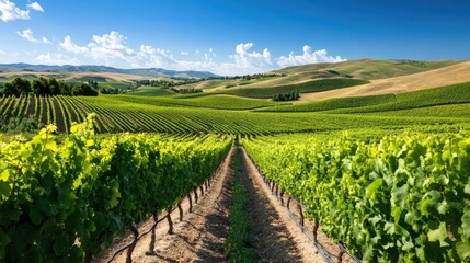 Lush vineyard stretches under clear blue skies, showcasing rows