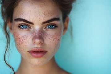 Woman with freckles, portrait, teal background
