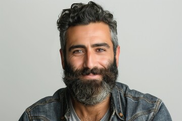 Fototapeta premium A smiling Middle-Eastern man with a beard and curly hair, wearing a denim jacket, exuding warmth and approachability.