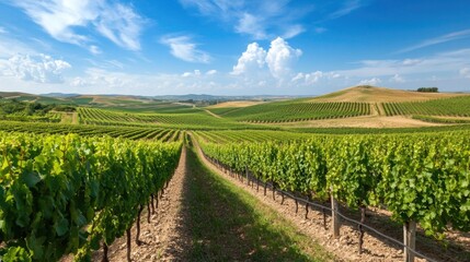 Naklejka premium Lush vineyard landscape stretches under bright blue sky with flu