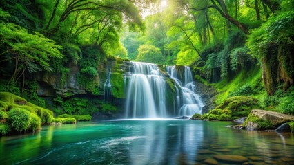 Fototapeta premium Waterfall in Lush Green Forest, natural scenery, tranquil scene, natural scenery, tranquil scene