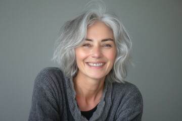 Smiling middle-aged woman with gray hair, wearing a cozy sweater, exuding warmth and confidence in a neutral background.