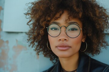 Portrait of a confident Black woman with curly hair, wearing stylish glasses and hoop earrings, exuding a relaxed yet empowered vibe.