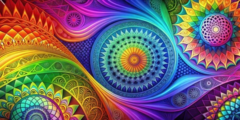 Intricate geometric patterns overlaid on a vibrant abstract background with swirling shapes and colorful gradients , designs, design elements