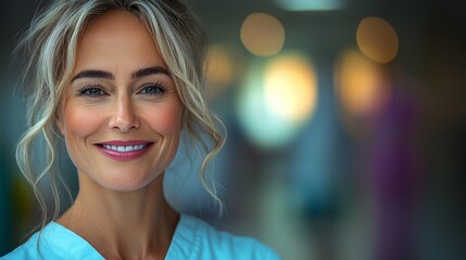 Obraz premium Woman with blonde hair and blue eyes is smiling. She is wearing a white shirt and a white apron