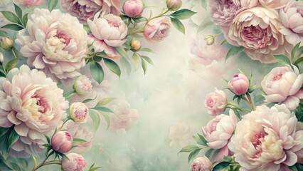 Delicate vintage floral background with lush peonies in soft pastel colors