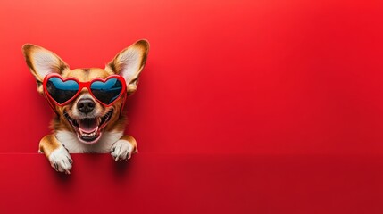 Dog wearing sunglasses and a heart shaped frame is looking at the camera. The image has a fun and playful mood, as the dog is wearing sunglasses and a heart shaped frame, which is not a common sight