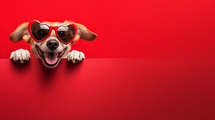 Dog wearing sunglasses and a heart shaped frame is looking at the camera. The image has a playful and lighthearted mood, as the dog is wearing sunglasses and a heart shaped frame