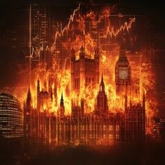 Fototapeta premium Parliament engulfed in flames made of financial graphs, severe sovereign crisis depiction, economic collapse, financial destruction, fiscal chaos