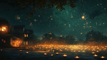 A peaceful Diwali night with a beautiful sky full of stars, the air filled with the sounds of distant fireworks