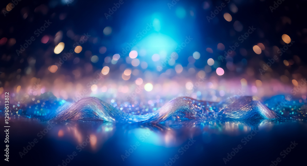 Fototapete abstract image featuring a blurry background of bokeh lights in blue and gold, with a textured and s