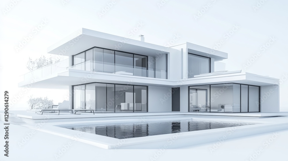 Poster modern architectural design featuring a multi-level structure with extensive glazing located on a mi