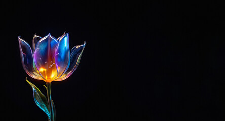 A luminous, transparent flower in blue, purple, and yellow hues radiates light against a stark black background, creating a captivating contrast.