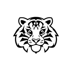 Vector Illustration of a stylized tiger head, a stark black and white design, perfect for a logo or a minimalist aesthetic.