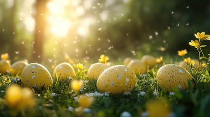 A serene Easter scene with yellow Easter eggs dotted with white and brown spots nestled in the green grass, surrounded by small yellow flowers, bathed in warm, golden sunlight.