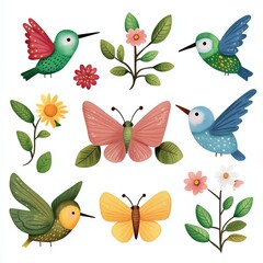 Fototapeta premium A vibrant collection of colorful birds and flowers, showcasing nature's beauty and diversity in a whimsical, artistic style.