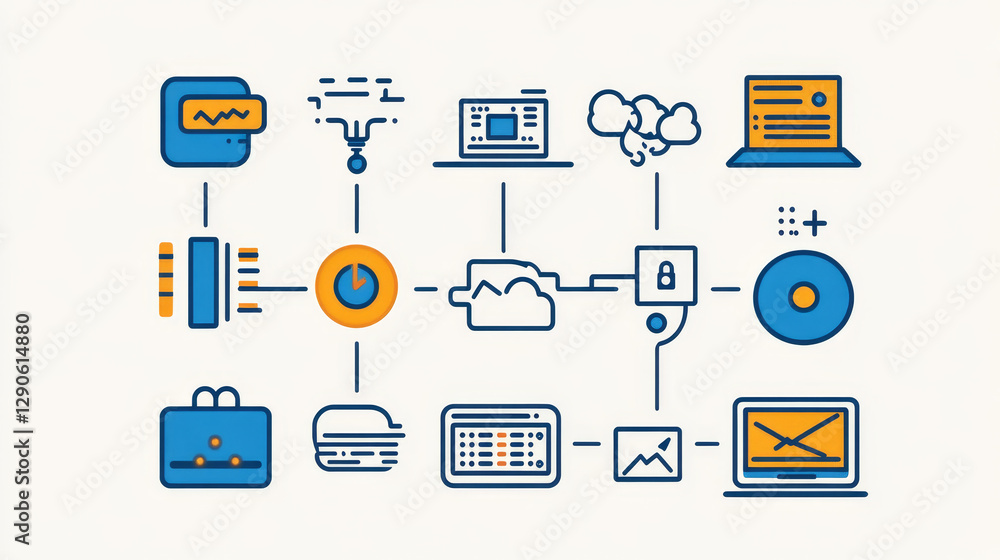Poster thin lines connection icons outline set of big data center group cloud computing system internet pro