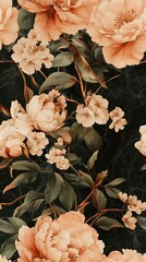 A vibrant floral pattern featuring peach peonies and delicate blossoms against a dark background, perfect for various design projects.
