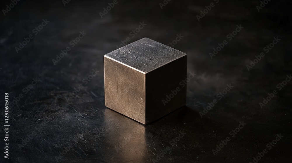 Poster a perfect cube floating in a dark background, reflecting light off its smooth surfaces, highlighting