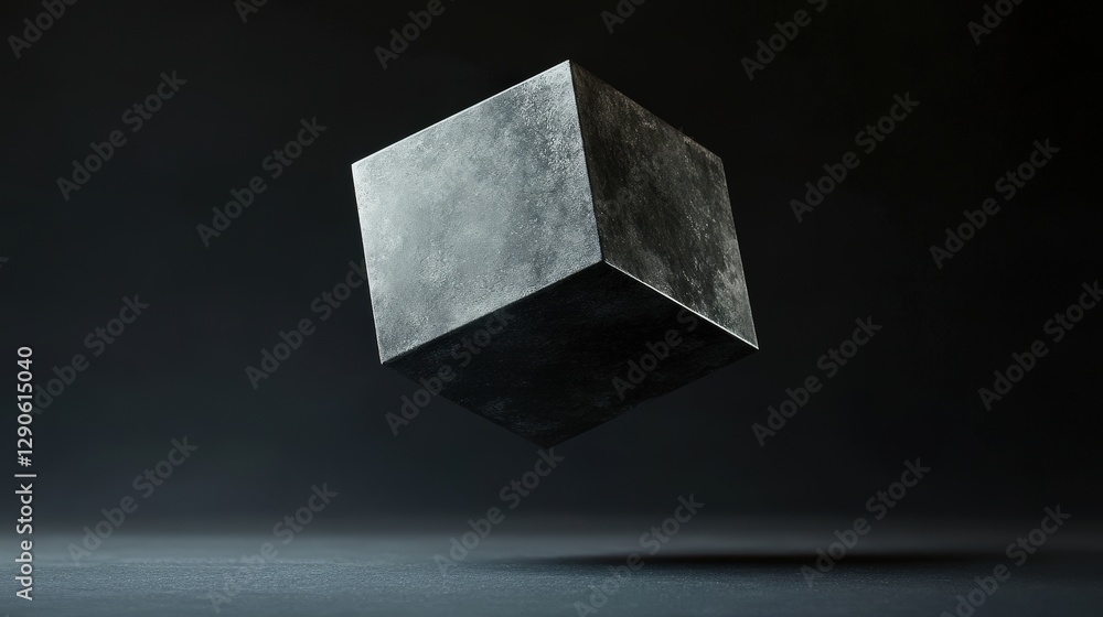 Poster a perfect cube floating in a dark background, reflecting light off its smooth surfaces, highlighting