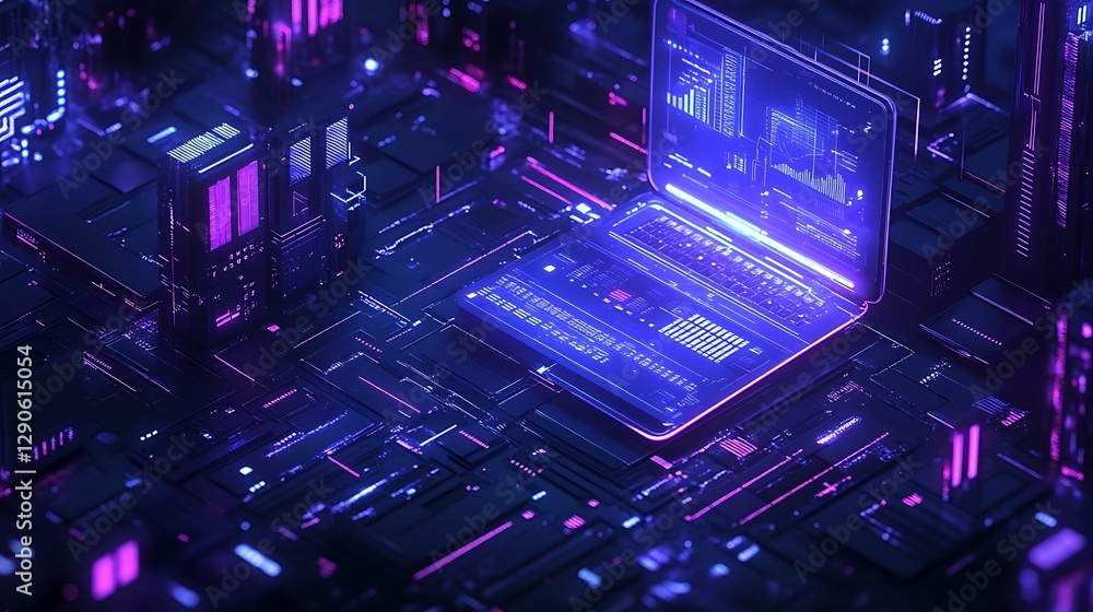 Poster futuristic laptop with data visualizations, a futuristic laptop with glowing graphics and data visua