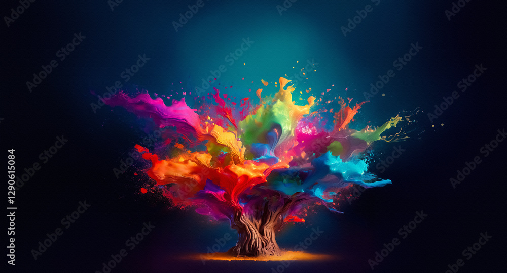 Poster vibrant paint bursts forming a tree silhouette against a dark blue background. dynamic splashes of c