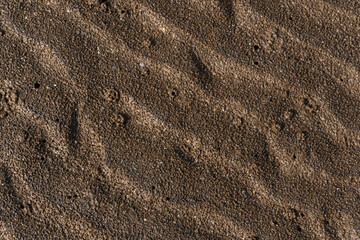 Natural texture: top view of beach sand, clear, clean and smooth. Minimalist background for summer concepts, travel, vacations and outdoor enjoyment.