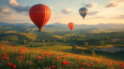 Obraz premium Hot air balloons over poppy field at sunrise, scenic valley landscape