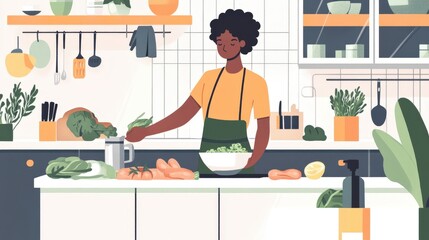 A person achieving a health goal, preparing a nutritious meal in their kitchen.