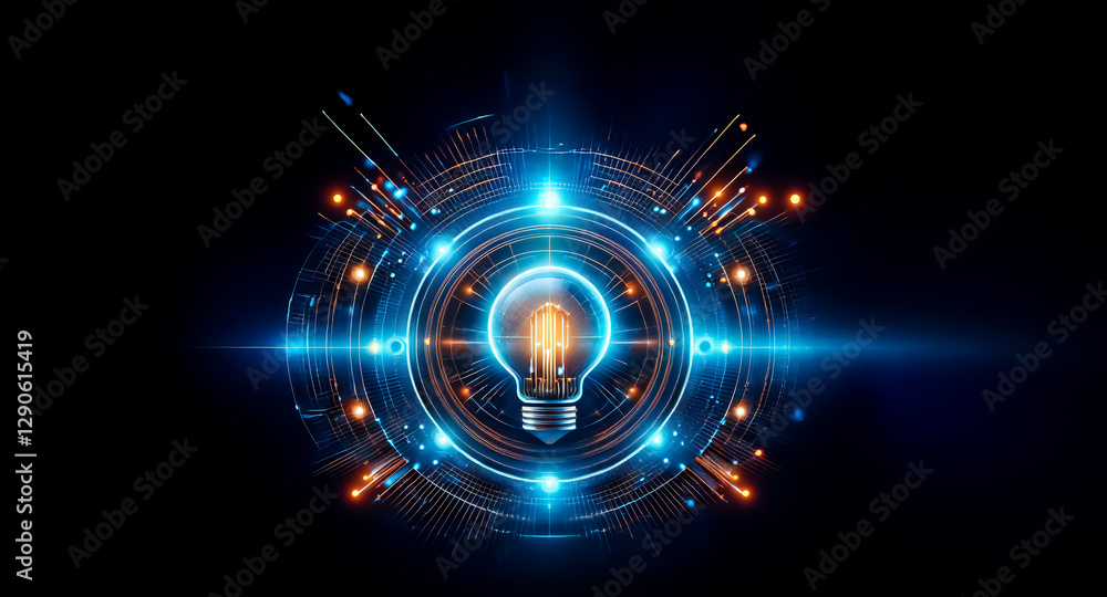 Aufkleber a glowing light bulb is centered in a circular futuristic design with bright blue and orange sparks 