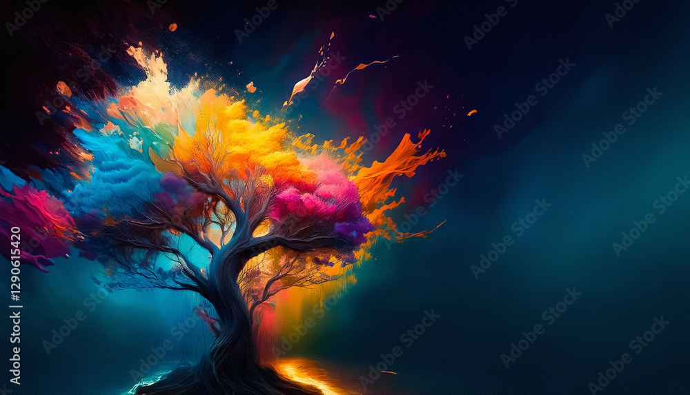 Poster a vibrant tree bursts with rainbow hues, its branches exploding in a kaleidoscope of colors against 