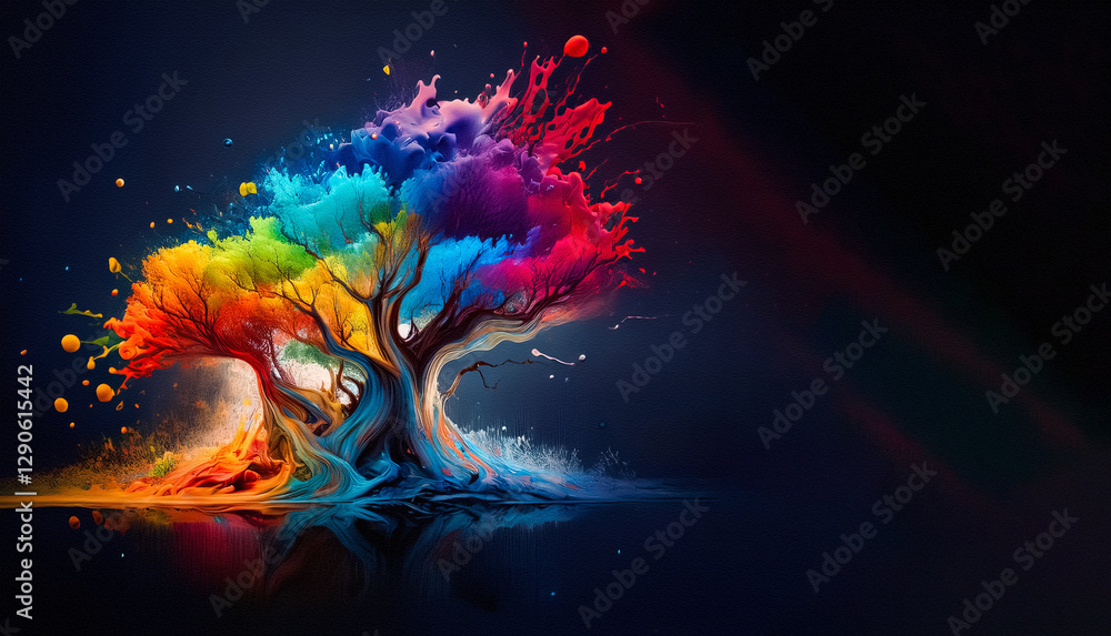 Poster a vibrant tree with rainbow leaves explodes with colorful hues against a dark background. splashes o