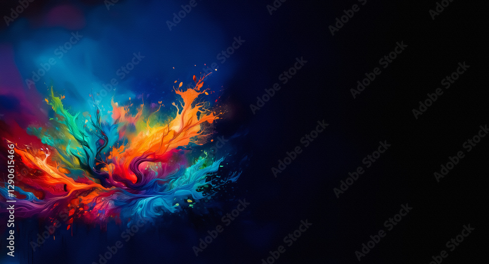 Poster vibrant pigments swirl against a dark backdrop, creating an abstract design with fluid movement and 