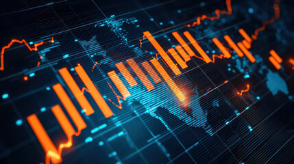 Fototapeta premium digital representation of world map with financial data, featuring orange and blue graphs and charts, conveying sense of global market trends and analytics