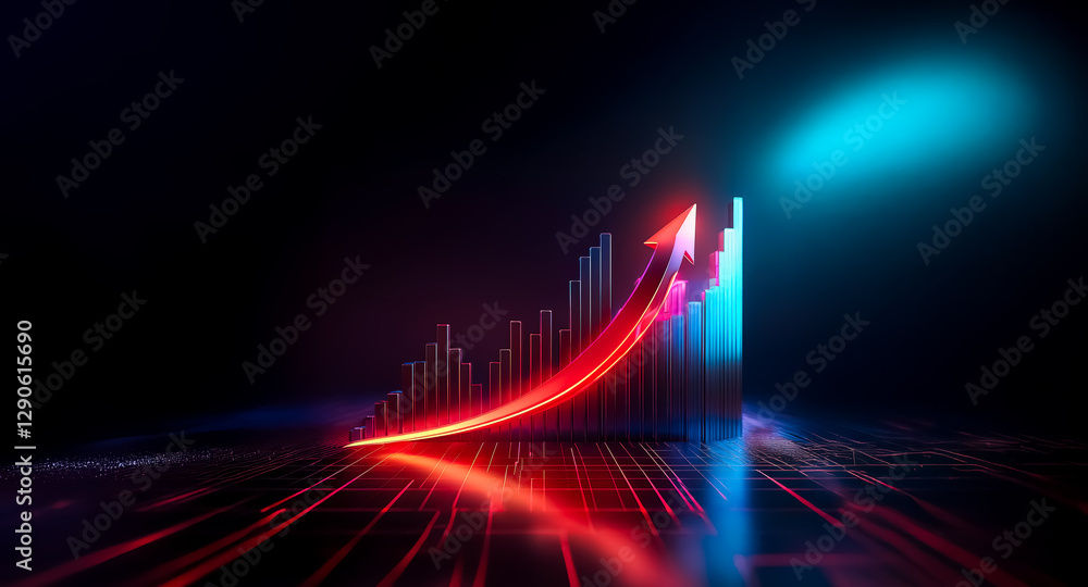 Fototapete A vibrant neon red arrow dramatically ascends over a bar graph, illuminated against a dark backdrop with blue highlights.  The image symbolizes growth and upward trends in a dynamic, futuristic style.
