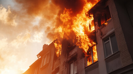 building engulfed in flames during fire incident, showcasing intense flames and smoke against dramatic sky. scene evokes urgency and danger