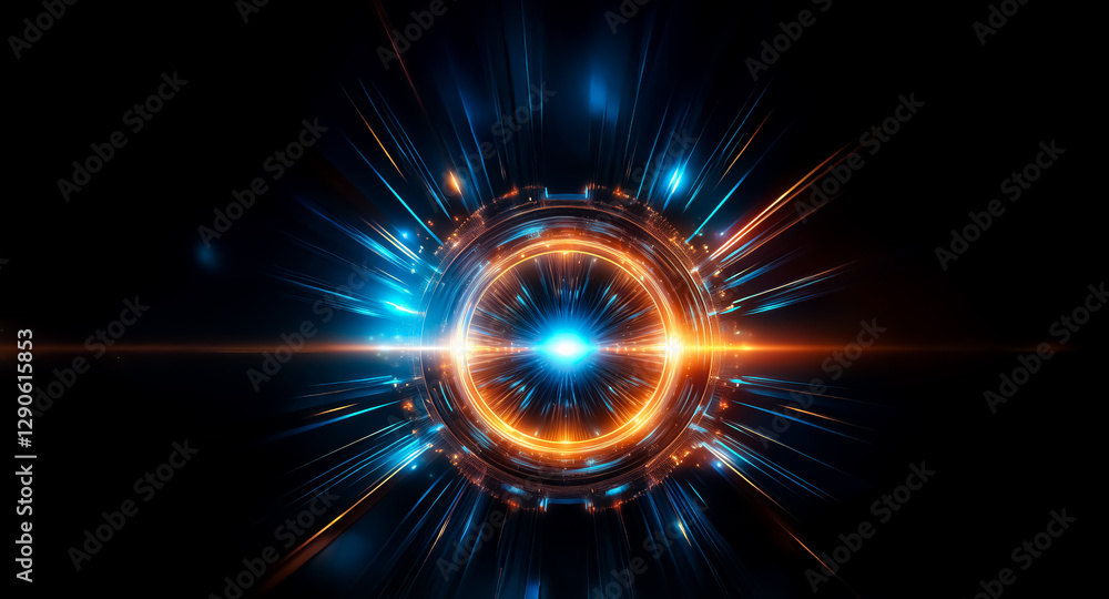 Aufkleber Circular shape with intense glowing light radiating outwards on a dark backdrop. Vibrant blue and orange beams burst from the center of the abstract form.