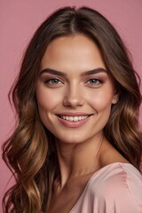 Naklejka premium Beautiful Woman Smiling Pink Background Portrait